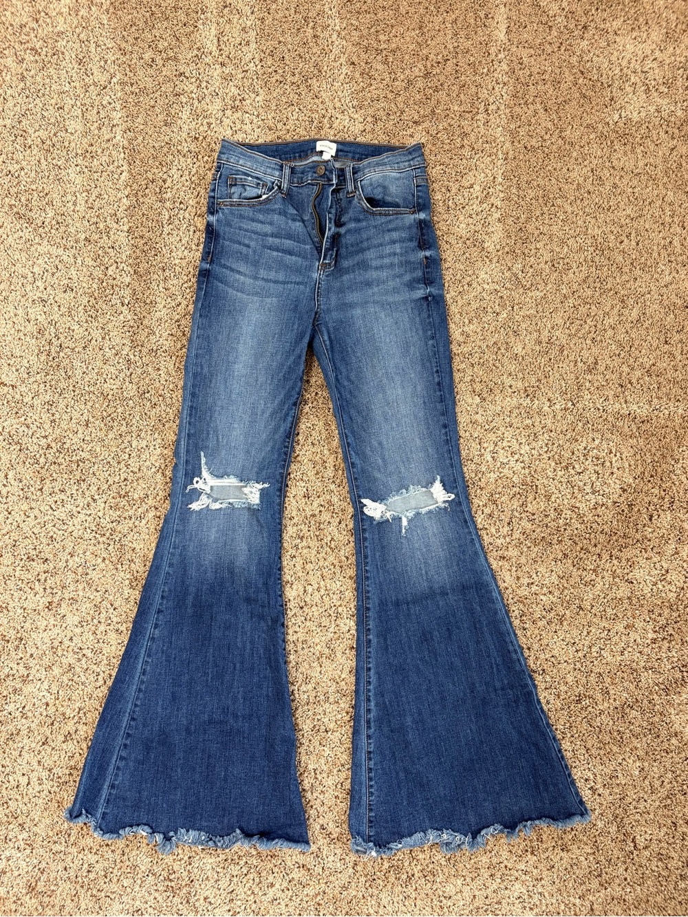 High-Rise Dark Blue Flared Jeans with Knee Distress